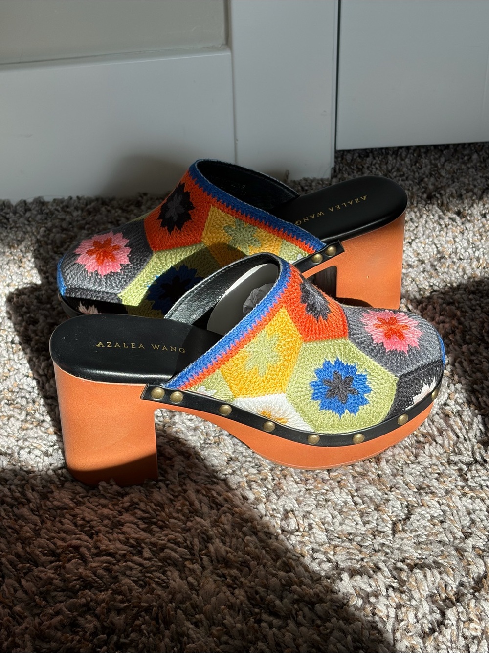 Azalea Wang Multicolor Crochet-Pattern Platform Mules in Orange